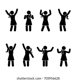 Stick figure happiness, freedom, jumping, motion set. Vector illustration of celebration poses pictogram