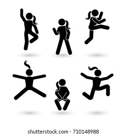 Stick figure happiness, freedom, jumping girl motion set. Vector illustration of celebration woman poses pictogram