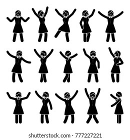 Stick figure happiness, freedom, winner woman set. Vector illustration of celebration poses black and white pictogram