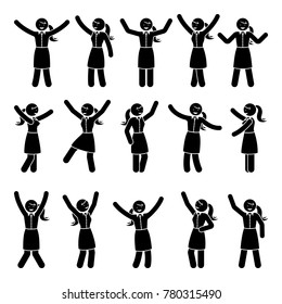 Stick figure happiness, hands up, motion woman set. Vector illustration of celebration poses black and white pictogram