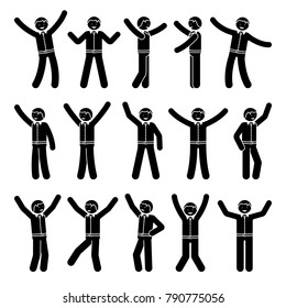 Stick figure happiness, winner, motion businessman set. Vector illustration of celebration poses black and white pictogram