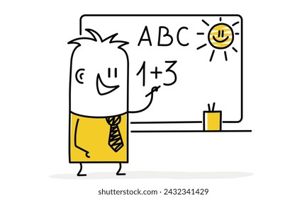 Stick figure, happy boy learning math. Education concept. Cartoon style. Vector illustration.