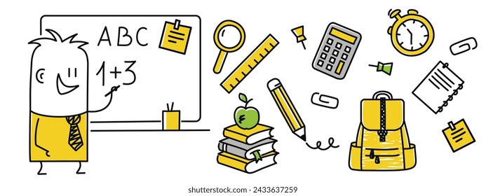 Stick figure, happy boy learning math. Set of back to school. Cartoon style. Vector illustration.