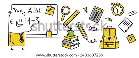 Stick figure, happy boy learning math. Set of back to school. Cartoon style. Vector illustration.