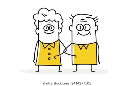 Stick figure, happy elderly couple, spouses. Cartoon style. Vector illustration.