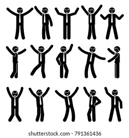 Stick figure happy, funny, motion businessman set. Vector illustration of celebration poses black and white pictogram