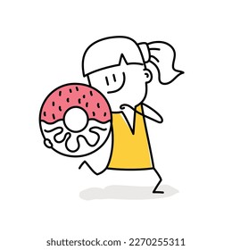 Stick figure. Happy girl runs with a donut. Doodle style. Vector illustration.