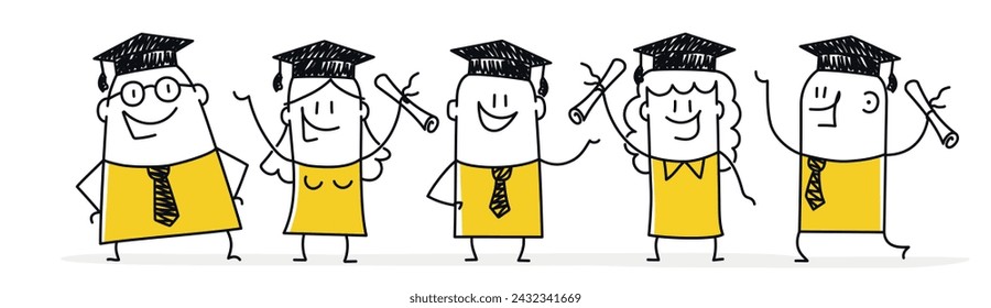 Stick figure. Happy graduate students with graduating caps and diploma or certificates. Education concept. Cartoon style. Vector illustration.