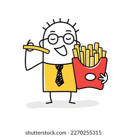 Stick figure. Happy man eating french fries. Doodle style. Vector illustration.