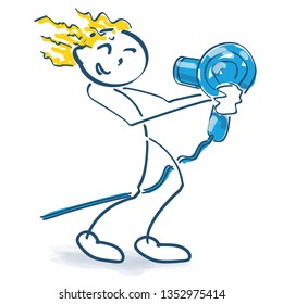Stick figure is having a big hair dryer in his hand 