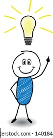 Stick figure having a creative idea with a light bulb over his head. Vector illustration