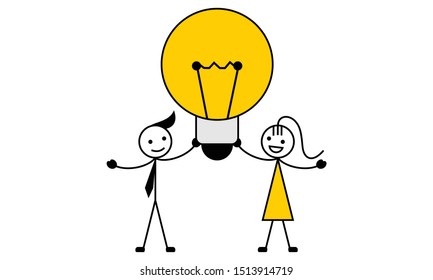 Stick figure having a creative idea with a light bulb. Vector illustration