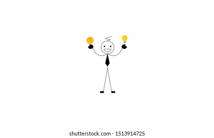 Stick figure having a creative idea with a light bulb. Vector illustration