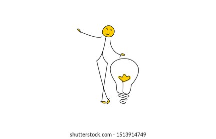 Stick figure having a creative idea with a light bulb. Vector illustration