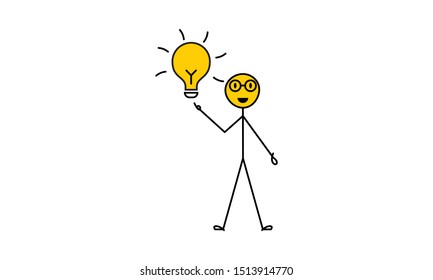 Stick figure having a creative idea with a light bulb. Vector illustration
