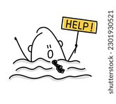 Stick figure, helpless businessman drowning, career struggle or unemployment concept. Doodle style. Vector illustration.