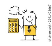 Stick figure holding calculator thinking, rejoicing. Doodle style. Vector illustration.