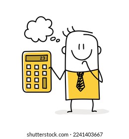 Stick figure holding calculator thinking, rejoicing. Doodle style. Vector illustration.