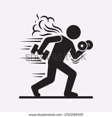 Stick figure holding dumbbells performing arm curl exercise with subtle motion indication, representing strength training and fitness concept. Minimal black vector silhouette illustration with clean and modern design, suitable for gym workouts, bodybuilding, and healthy lifestyle visuals. Isolated for easy use in apps, infographics, and sports-related design projects.