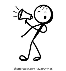 Stick figure holding megaphone, concept of advertisement hand drawn icon 