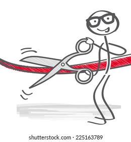 stick figure holding scissors and cutting red ribbon 