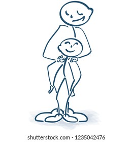 Stick figure holds and protects a child