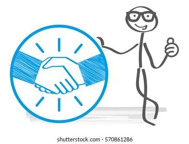 Stick figure holds sign. Handshake
