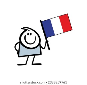 Stick figure human holding big flag of France and smiles. Vector illustration of cartoon man prouds of his country and welcome to visit. Doole funny french stickman tour guide for tourists.