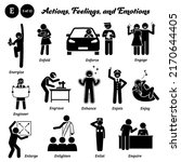 Stick figure human people man action, feelings, and emotions icons alphabet E. Energize, enfold, enforce, engage, engineer, engrave, enhance, enjoin, enjoy, enlarge, enlighten, enlist, and enquire. 