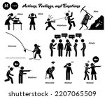 Stick figure human people man action, feelings, and emotions icons alphabet M. Mince, mind, misbehave, mine, minimize, mingle, misdirect, miserable, mishear, and mislead.