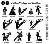 Stick figure human people man action, feelings, and emotions icons alphabet S. Self, correct, create, critical, cultivation, defeating, deal, debate, deception, defense, denial, destruct, and devotion