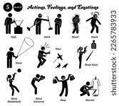 Stick figure human people man action, feelings, and emotions icons alphabet S. Shift, shirk, shiver, shock, shine, shoo, shoot, gun, basketball, camera, shop, and shorten. 
