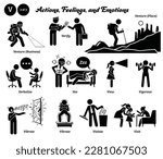 Stick figure human people man action, feelings, and emotions icons alphabet V. Venture, business, place, verify, verbalize, vex, view, vigorous, vibrate, violate, and visit.
