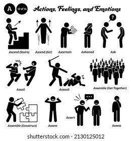 Stick figure human people man action, feelings, and emotions icons starting with alphabet A. Ascend stairs air, ascertain, ashamed, ask, assail, assault, assemble, assent, assert, and assess. 