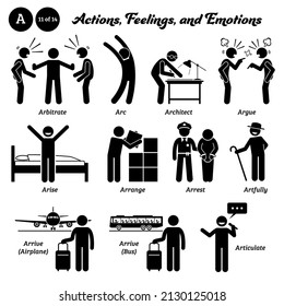 Stick figure human people man action, feelings, and emotions icons starting with alphabet A. Arbitrate, arc, architect, argue, arise, arrange, arrest, artfully, arrive airplane bus, and articulate. 