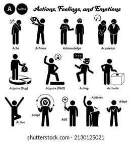 Stick Figure Human People Man Action, Feelings, And Emotions Icons Starting With Alphabet A. Ache, Achieve, Acknowledge, Acquiesce, Acquire, Acting, Actor, Activate Button, Adapt, Address, And Adept.