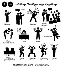 Stick Figure Human People Man Action, Feelings, And Emotions Icons Starting With Alphabet A. Advertise, Advise, Advocate, Affirm, Affix Sign, Afford, Affectionate, AFK, Afraid, Aggressive, Agitated.