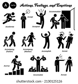 Stick Figur Menschen Menschen Handlung, Gefühle und Emotionen Symbole beginnend mit Alphabet A. Beschleunigen, akzeptieren, akzeptieren, unterbringen, begleiten, vollenden, anfallen, akkumulieren und beschuldigen. 