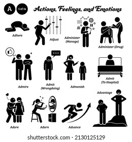 Stick figure human people man action, feelings, and emotions icons starting with alphabet A. Adhere, adjust, administer, admire, admit wrongdoing, hospital, admonish, adore, adorn, advance, advantage.