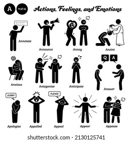 Stick figure human people man action, feelings, and emotions icons starting with alphabet A. Announce, annoy, anoint, anxious, antagonise, anticipate, answer, apologize, appeal, appear, and, appease.