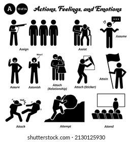 Stick figure human people man action, feelings, and emotions icons starting with alphabet A. Assign, assist, assume, assure, astonish, attach relationship, attain, attack, attempt, and attend.