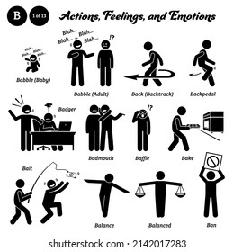 Stick figure human people man action, feelings, and emotions icons starting with alphabet B. Babble, back, backtrack, backpedal, badger, badmouth, baffle, bake, baking, bait, balance, and ban.