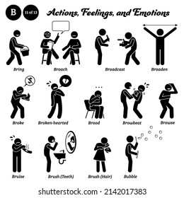 Stick figure human people man action, feelings, and emotions icons starting with alphabet B. Bring, broach, broadcast, broke, broken-hearted, brood, browse, bruise, brush teeth hair and blow bubble.