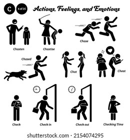 Stick figure human people man action, feelings, and emotions icons starting with alphabet C. Chasten, chastise, chase, chased, chat, cheat, check in out, and checking time.