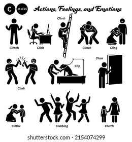 Stick figure human people man action, feelings, and emotions icons starting with alphabet C. Clench, click, climb, clinch, cling, clink, clip, close, clothe, clubbing, and clutch.