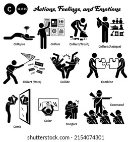 Stick Figure Human People Man Action, Feelings, And Emotions Icons Starting With Alphabet C. Collapse, Collate, Collect Trash, Antique, Data, Collide, Combine, Comb Hair, Coloring, Comfort, Command.