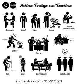 Stick figure human people man action, feelings, and emotions icons starting with alphabet C. Cooperate, coach, coax, cobble, coddle, coerce, coil, cold, cold shoulder, and collaborate.