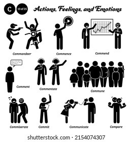 Stick figure human people man action, feelings, and emotions icons starting with alphabet C. Commandeer, commence, commend, comment, commentate, commune, commiserate, commit, communicate, and compare.