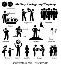 Stick figure human people man action, feelings, emotions icons alphabet C. Confuse, congratulate, congregate, conjecture, connect, conquer, consecrate, consent, conserve, consider, consign, console.