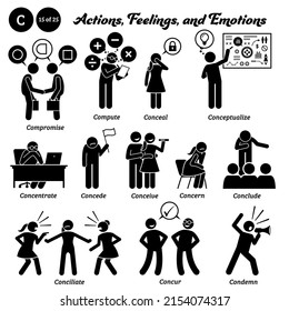 Stick figure human people man action, feelings. icons alphabet C. Compromise, compute, conceal, conceptualize, concentrate, concede, conceive, concern, conclude, conciliate, concur, and condemn.